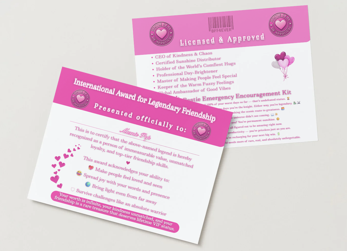 International Award for Legendary Friendship – Printable Certificate Set - Mamie Pop Blind Box