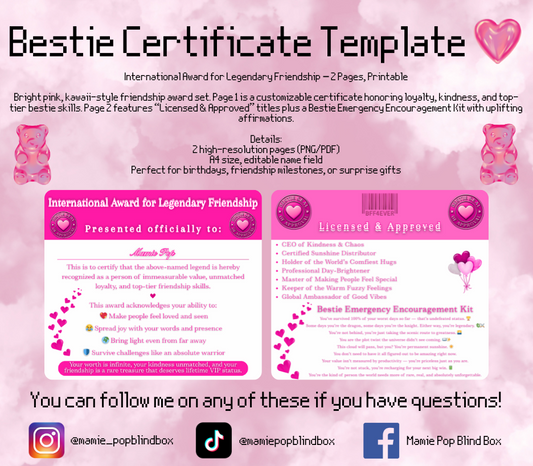 International Award for Legendary Friendship – Printable Certificate Set - Mamie Pop Blind Box